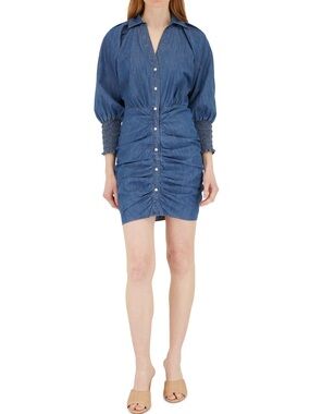 Veronica Beard Allie Ruched Chambray Mini Dress Denim Blue Buttons Collar Sz 2